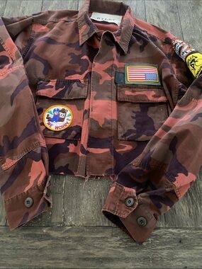 Riley Red  Camo Cropped Jean Jacket with Patches